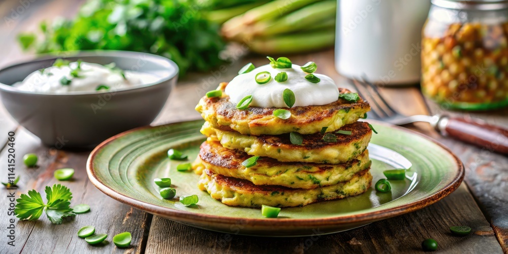 Vegetarian Zucchini Fritters with Greek Yogurt and Green Onion on Ceramic Plate - Healthy Snack Recipe Idea Vegetarian Zucchini Fritters with Greek Yogurt and Green Onion on Ceramic Plate - Healthy Snack Recipe Idea