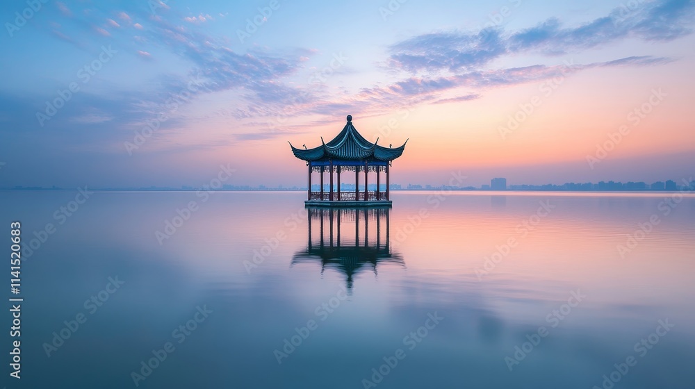 Serene lakeside pavilion at dawn, reflecting tranquility and beauty in nature. Serene lakeside pavilion at dawn, reflecting tranquility and beauty in nature.