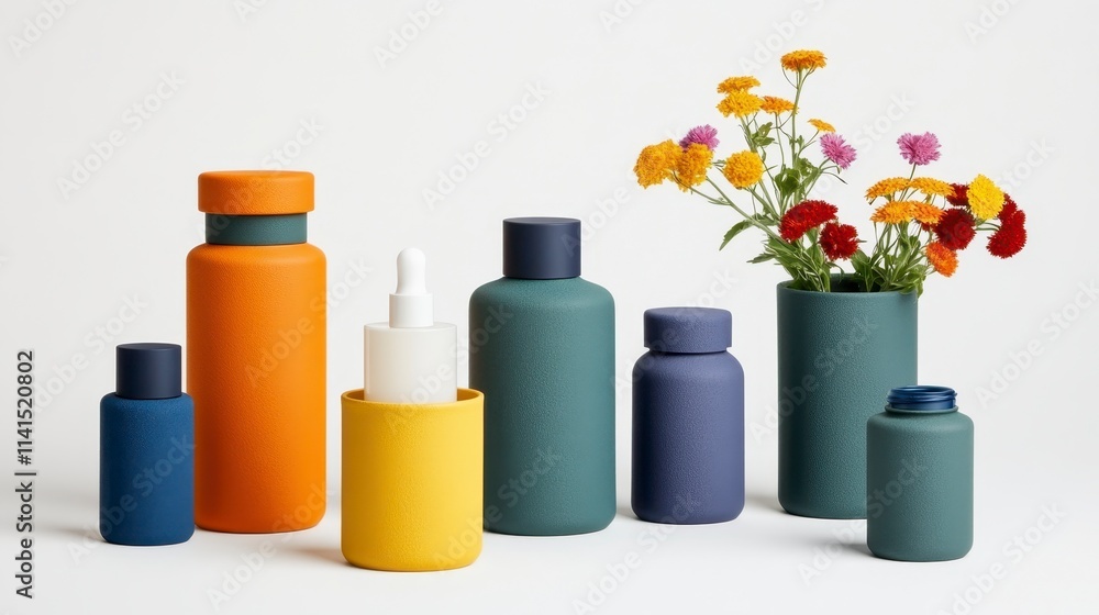 A vibrant display of colorful bottles and a floral arrangement, showcasing a blend of aesthetics and functionality in modern design. A vibrant display of colorful bottles and a floral arrangement, showcasing a blend of aesthetics and functionality in modern design.