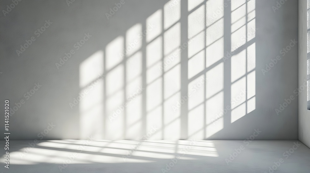 Versatile white and grey studio interior background with product displays and natural window shadows ideal for text insertion, product presentations, and professional photography backdrops Versatile white and grey studio interior background with product displays and natural window shadows ideal for text insertion, product presentations, and professional photography backdrops