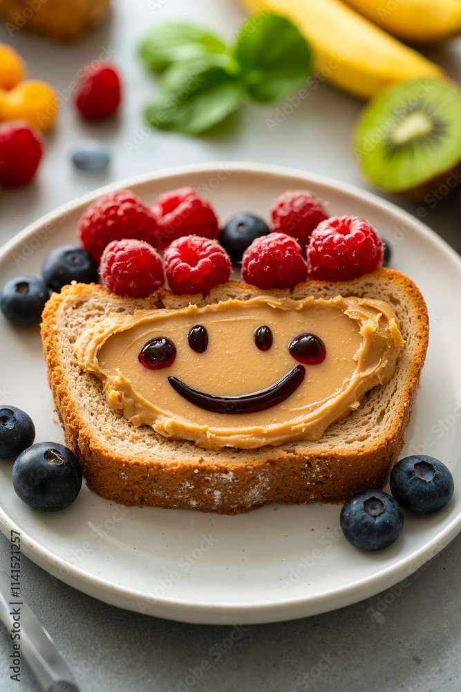 A smiley face sandwich on a plate with fruit on it A smiley face sandwich on a plate with fruit on it