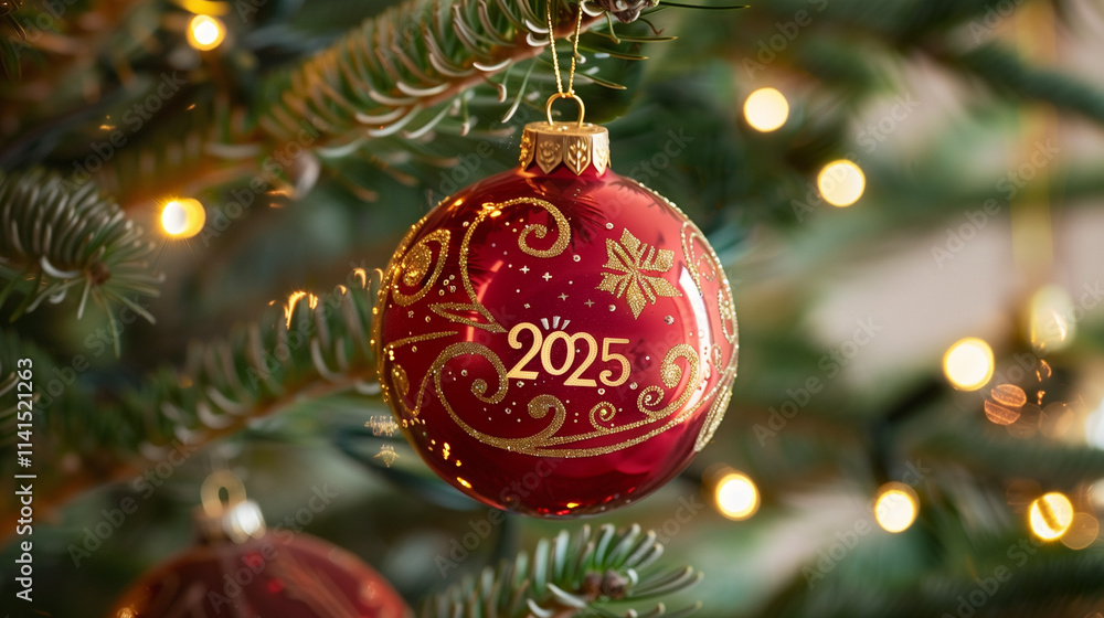An artistic close-up photo of a glossy red bauble hanging from a Christmas tree. An artistic close-up photo of a glossy red bauble hanging from a Christmas tree.