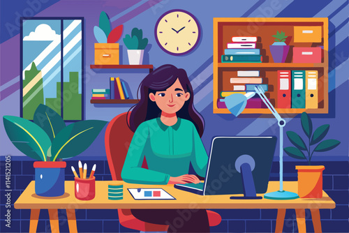 The designer is focused on her work at a bright desk surrounded by plants and organized shelves Female interior designer working in her office Vector