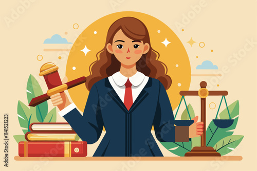 A female judge holds a gavel and balances justice scales next to law books in a well-lit environment Female judge with lawyer's gavel and law books