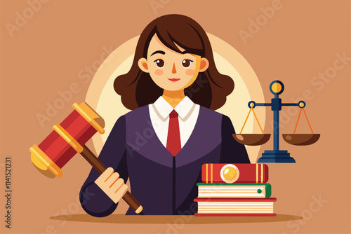 A judge stands confidently with a gavel, law books, and scales of justice in a courtroom setting Female judge with lawyer's gavel and law books