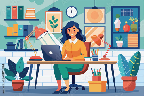 A woman designs interior spaces while working at her desk surrounded by plants and creative dÃ©cor Female interior designer working in her office Vector