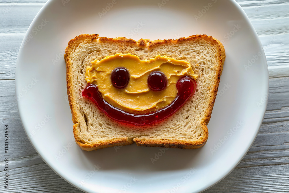 A smiley face sandwich on a white plate with jelly on it