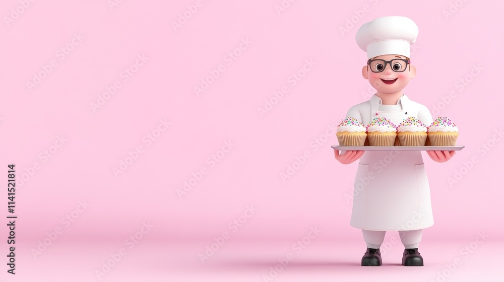A cheerful chef holding a tray of decorated cupcakes against a pink backdrop. A cheerful chef holding a tray of decorated cupcakes against a pink backdrop.