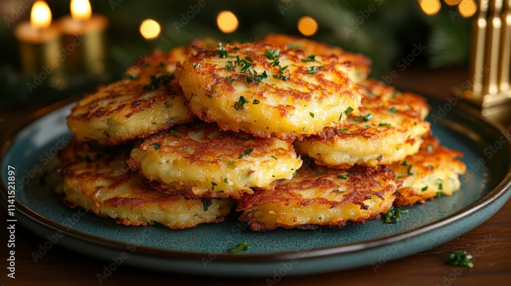 Perfectly golden latkes arranged on a vivid blue plate, surrounded by menorah candles glowing warmly and golden ornaments creating a festive holiday atmosphere. Perfectly golden latkes arranged on a vivid blue plate, surrounded by menorah candles glowing warmly and golden ornaments creating a festive holiday atmosphere.