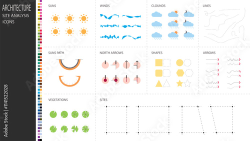 architecture site analysis symbol icon element drawing graphic flat isolated vector. architecture element line sun wind sound sun path vegetation.