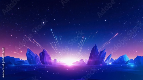 Nighttime landscape with stars, under a dark sky with a touch of moonlight, creating a fantasy scene