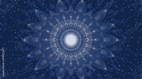 A blue fractal pattern with circles and glowing stars, featuring a mandala design that evokes a wintery, festive atmosphere with a touch of fantasy and energy