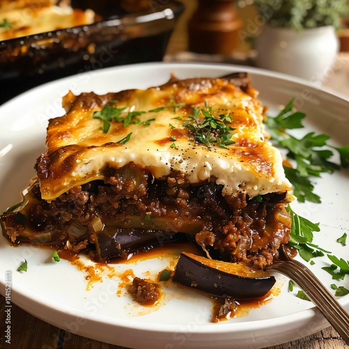 Slice moussaka Greek dish layered eggplant meat cheese garnished parsley photo