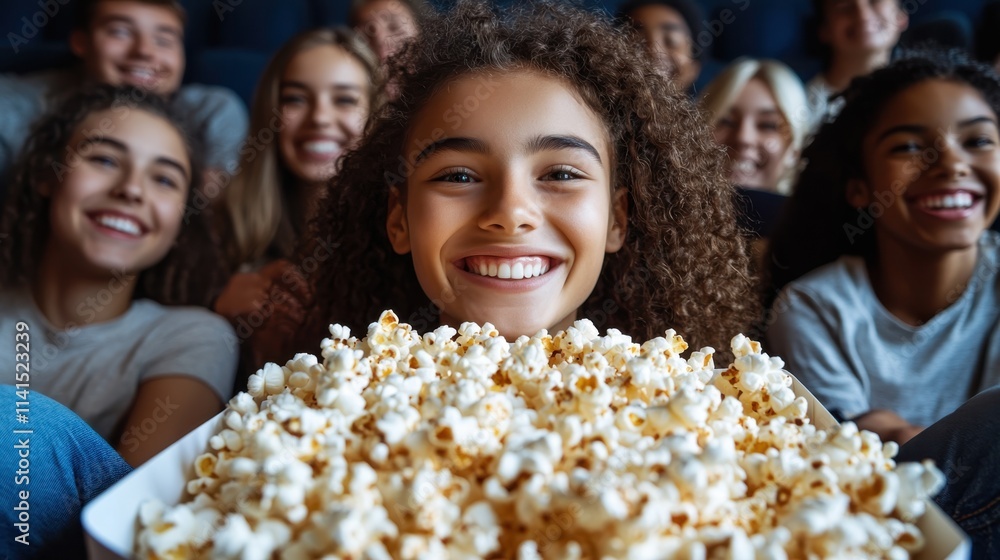 Group of Happy Teenagers Enjoying Movie Night with Popcorn in a Cozy Cinema Setting, Embracing Fun and Friendship Together Group of Happy Teenagers Enjoying Movie Night with Popcorn in a Cozy Cinema Setting, Embracing Fun and Friendship Together