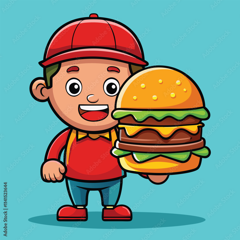 Realistic Burger Vector Mascot – Delivery Boy Holding a Big Yummy Burger