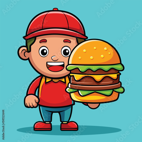 Realistic Burger Vector Mascot – Delivery Boy Holding a Big Yummy Burger