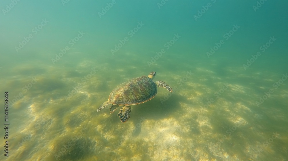 Obraz premium A turtle swims gracefully through clear, shallow waters, showcasing marine life.