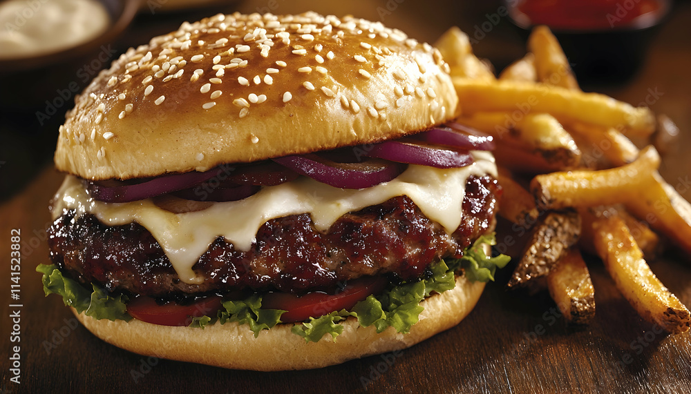 Juicy Cheeseburger with Sesame Bun and Fries - Realistic Food Photo