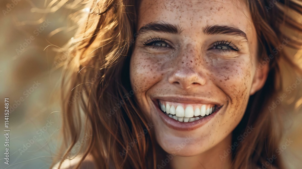 Woman radiant smile freckled skin gazes directly viewer her long brown hair framing her joyful expression Woman radiant smile freckled skin gazes directly viewer her long brown hair framing her joyful expression