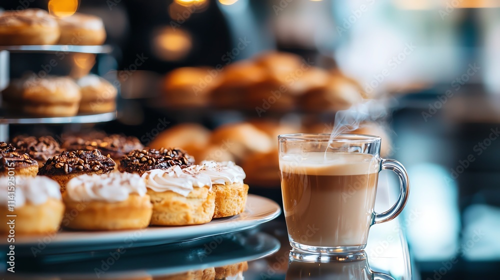 A delicious display of pastries and a steaming cup of latte, perfect for a cozy cafe setting, presenting an inviting atmosphere for food lovers and coffee enthusiasts. A delicious display of pastries and a steaming cup of latte, perfect for a cozy cafe setting, presenting an inviting atmosphere for food lovers and coffee enthusiasts.