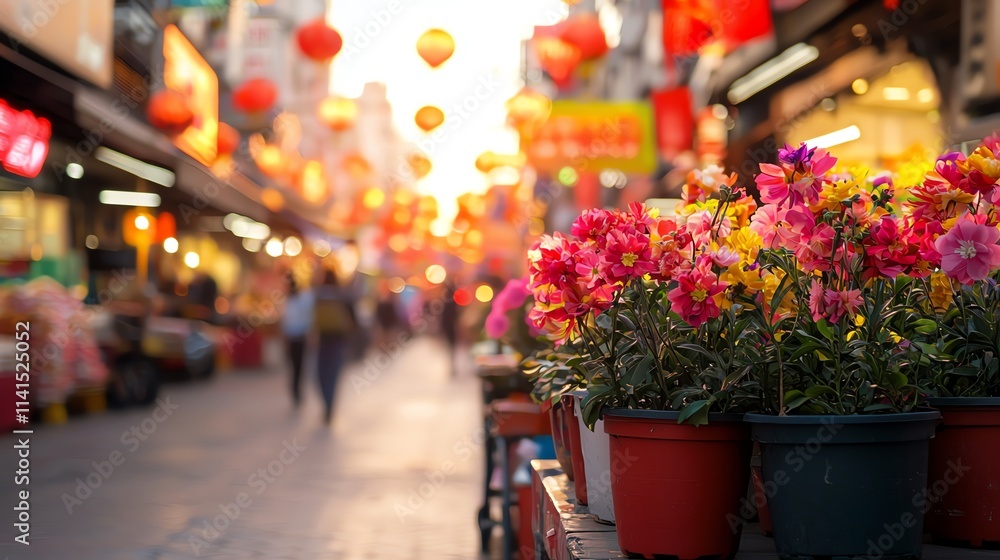 Vibrant street scene with colorful flowers in pots during sunset, adorned with traditional lanterns in the background, creating a lively atmosphere. Vibrant street scene with colorful flowers in pots during sunset, adorned with traditional lanterns in the background, creating a lively atmosphere.