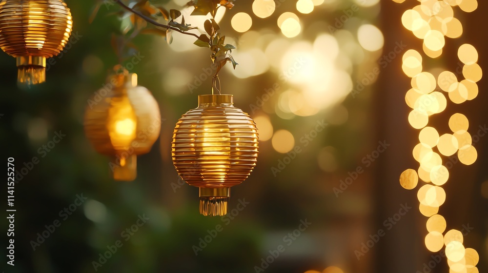 Beautiful golden lanterns softly illuminated hanging from branches, surrounded by a bokeh of warm light, creating a magical and inviting atmosphere perfect for celebrations. Beautiful golden lanterns softly illuminated hanging from branches, surrounded by a bokeh of warm light, creating a magical and inviting atmosphere perfect for celebrations.