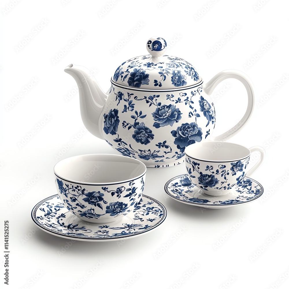 Beautiful blue and white porcelain tea set featuring a teapot, cups, and saucers, all elegantly designed with floral patterns on a white isolated background. Beautiful blue and white porcelain tea set featuring a teapot, cups, and saucers, all elegantly designed with floral patterns on a white isolated background.
