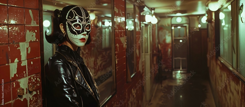 Woman black leather jacket mask stands dimly lit corridor mirrors her serious expression reflected glass Woman black leather jacket mask stands dimly lit corridor mirrors her serious expression reflected glass