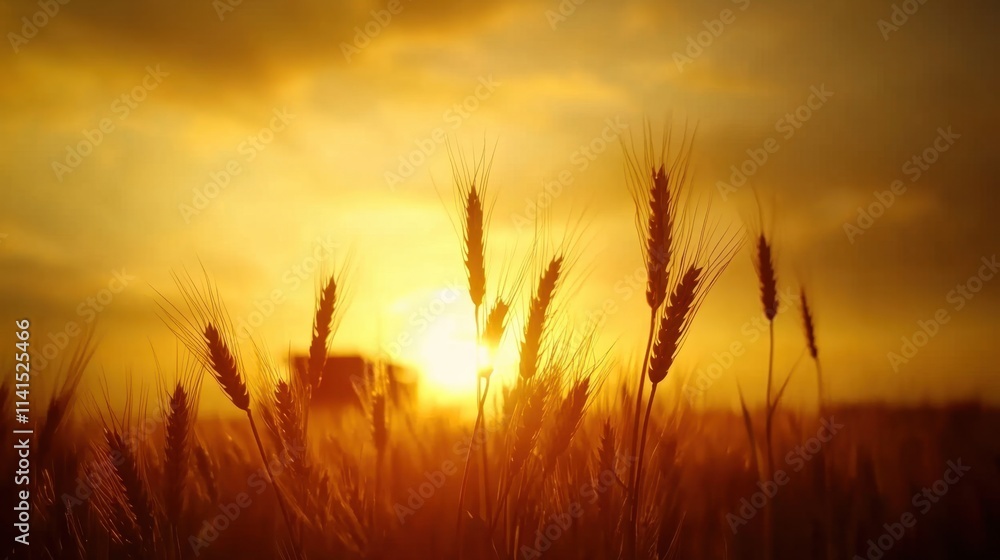 Golden Wheat Field at Sunset with Sunlight Illumination and Dramatic Sky Golden Wheat Field at Sunset with Sunlight Illumination and Dramatic Sky