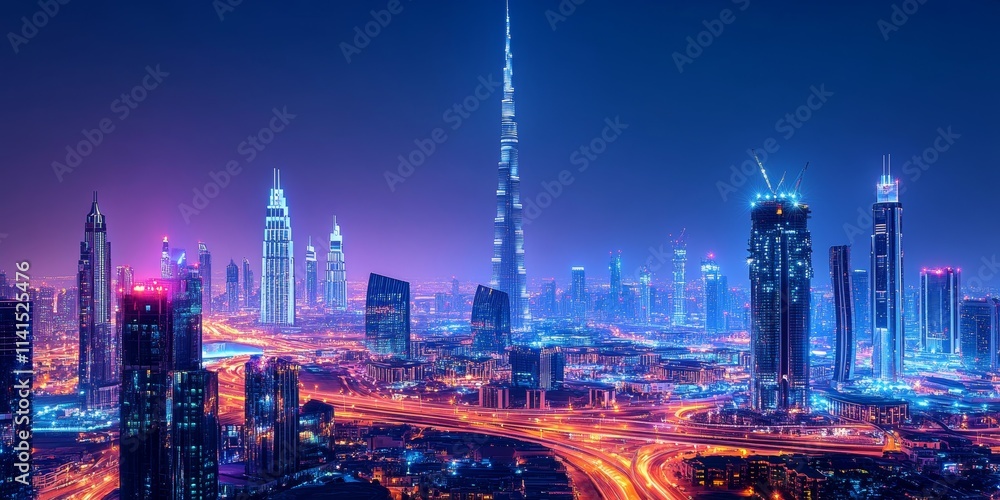 Obraz premium city skyline at night with light trails, Generative AI