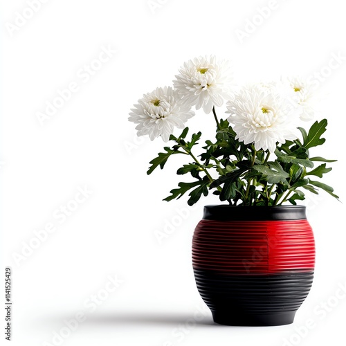 A vibrant arrangement of white flowers in a modern red and black pot, set on a clean white background, emphasizing elegance and simplicity in floral design. photo