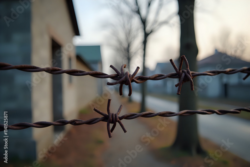 Wallpaper Mural Rustic Barbed Wire Fence Against Blurred Urban Setting
 Torontodigital.ca