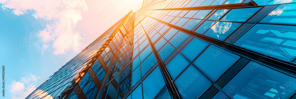 Modern Skyscraper with Sleek Glass Facade Reflecting Cityscape Under Bright Blue Sky - Contemporary Urban Architecture Modern Skyscraper with Sleek Glass Facade Reflecting Cityscape Under Bright Blue Sky - Contemporary Urban Architecture