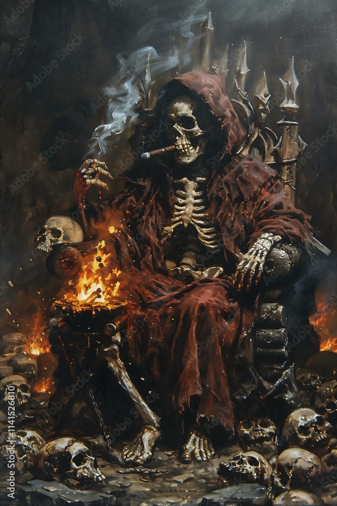 Skeletal figure sits throne skulls holding lit cigar surrounded pile skulls dark ominous scene hints fire smoke Skeletal figure sits throne skulls holding lit cigar surrounded pile skulls dark ominous scene hints fire smoke