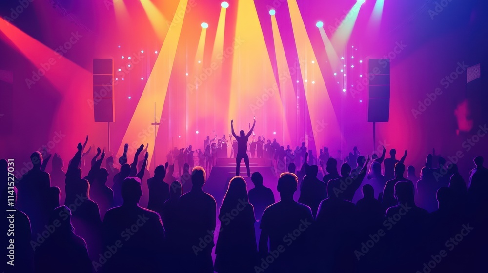 A vibrant concert scene with a silhouetted performer and an engaged audience. A vibrant concert scene with a silhouetted performer and an engaged audience.