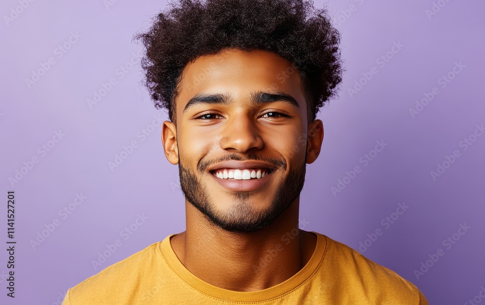 Fototapeta premium A man with a beard is smiling and wearing a t-shirt