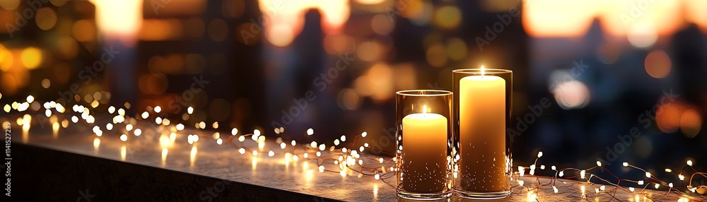 Serene candles lit on a balcony with twinkling lights, creating a warm ambiance against a sunset skyline in the background. Serene candles lit on a balcony with twinkling lights, creating a warm ambiance against a sunset skyline in the background.