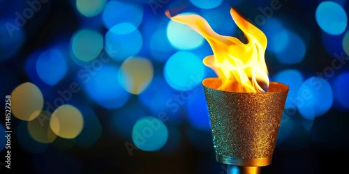 Olympic Torch with Flame on Dark Background with Copy Space