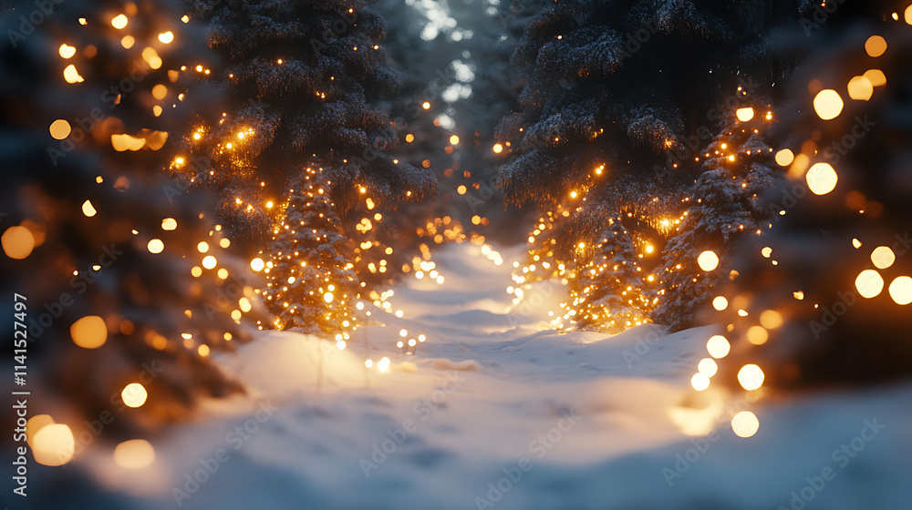 Enchanted Winter Path: A magical journey through a snow-covered forest, illuminated by warm, golden fairy lights. The path beckons, promising wonder and serenity. Enchanted Winter Path: A magical journey through a snow-covered forest, illuminated by warm, golden fairy lights. The path beckons, promising wonder and serenity.
