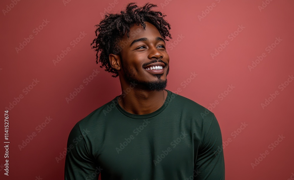 A man with a beard is smiling and wearing a t-shirt