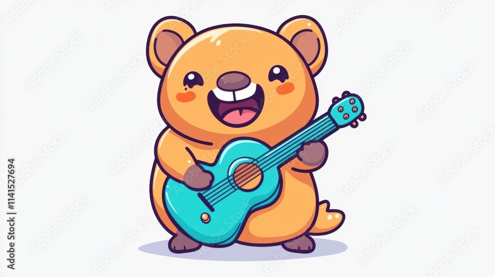 Fototapeta premium A cute cartoon wombatl playing a blue guitar, expressing joy and creativity.