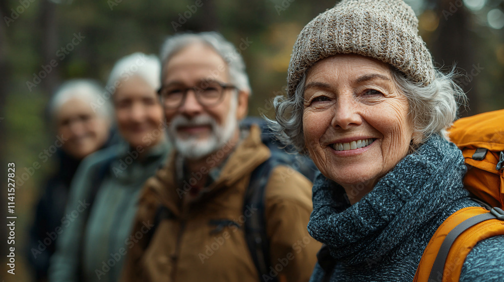 Happy Senior Hiking Group Autumn Forest Happy Senior Hiking Group Autumn Forest