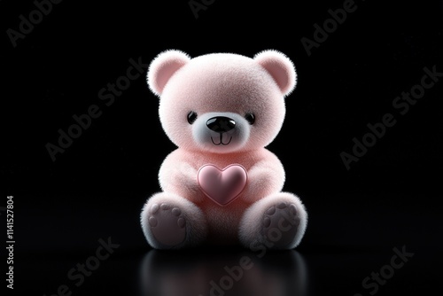 Adorable Pink Teddy Bear Sitting on Black Background Holding Heart Symbol for Valentine's Day or Cute Gift Presentation