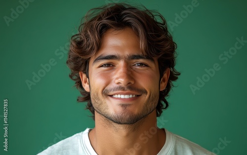 A young man with casual t-shirt is smiling at the camera, solid color background