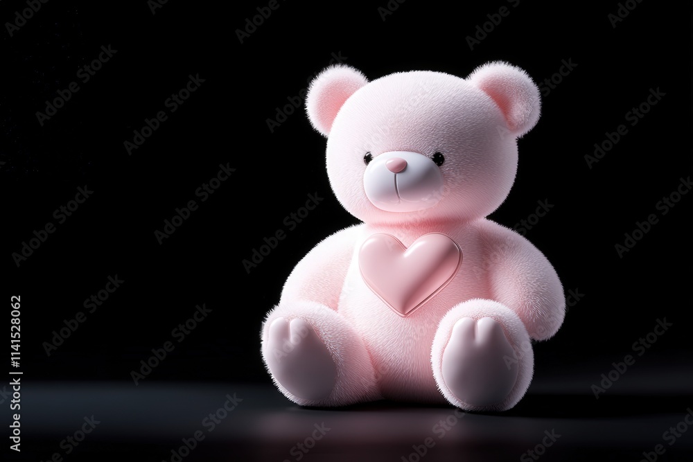 Obraz premium Adorable Pink Teddy Bear with Heart on Pitch Black Background for Romantic and Cute Themes