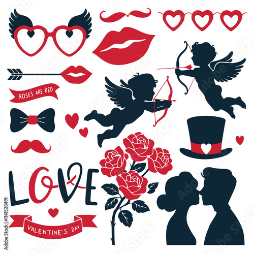 Valentines Day Party set - photobooth props - glasses, hats, lips, mustaches, masks - in
