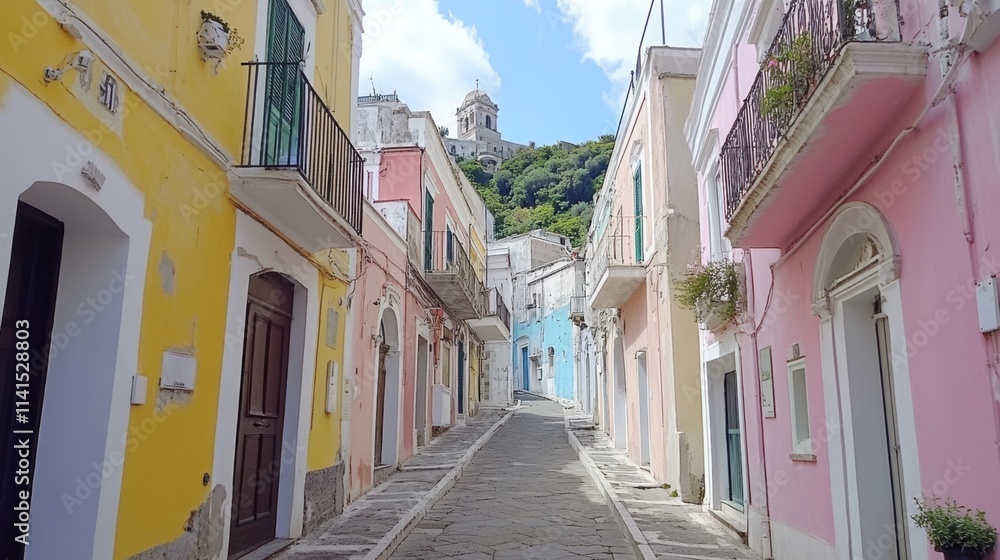 Fototapeta premium Colorful Narrow Street in Charming Italian Village Under Clear Blue Sky