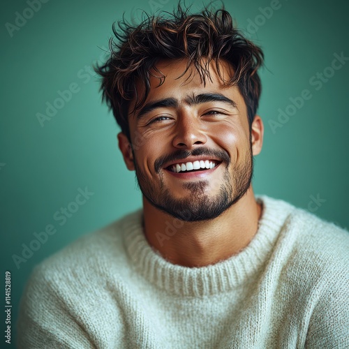 A young man with casual t-shirt is smiling at the camera, solid color background