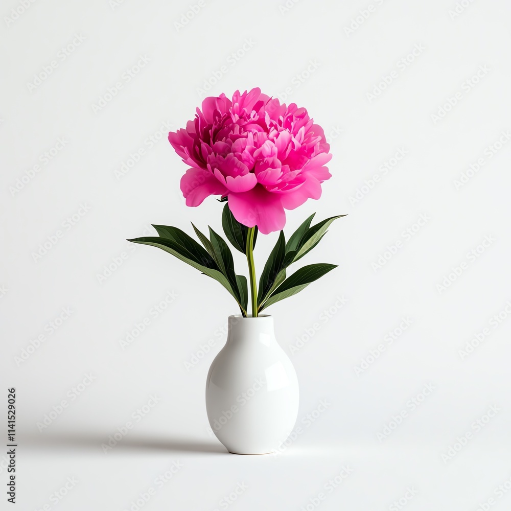 A vibrant pink peony flower arrangement in a sleek white vase, set against a clean and minimalist white background, perfect for adding a touch of elegance to any decor.