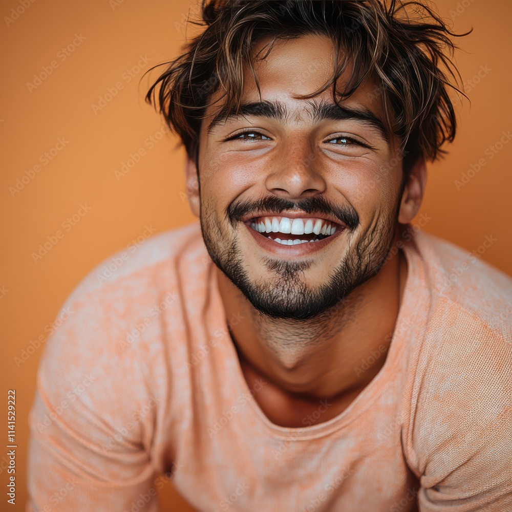 A young man with casual t-shirt is smiling at the camera, solid color background A young man with casual t-shirt is smiling at the camera, solid color background